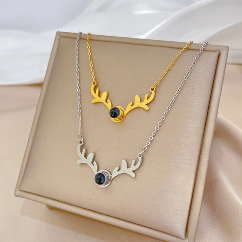 Collana Con Pendente A Corna Di Cervo Acciaio Al Titanio Minimalista Placcato Oro Pietra Da Proiezione Gioielli Da Donna