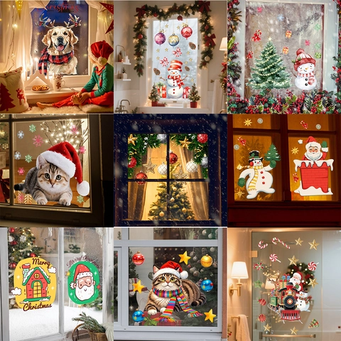 Christmas Window Stickers PVC Static Clings Snowman Santa Reindeer Animal Cartoon For Glass Decoration Home Holiday