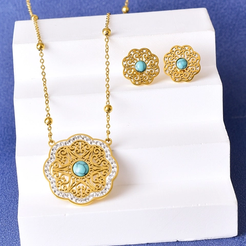 Vintage Holle Bloem Ketting En Oorbellen Titanium Staal Verguld Met Turquoise Kraal Strass Exotisch Boheems Vrouwen