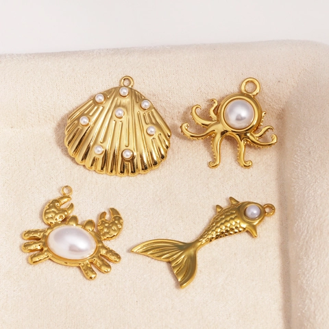 Mariene Dieren Hanger Charms Titanium Staal Verguld Met Imitatie Kunstparel Octopus Krab Schelp Vorm Voor DIY Sieraden Maken