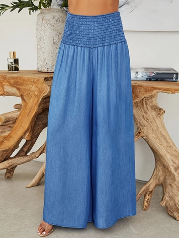 Women High Waist Wide Leg Pants Smocked Elastic Waistband Solid Color Polyester Spandex Casual Full Length Trousers