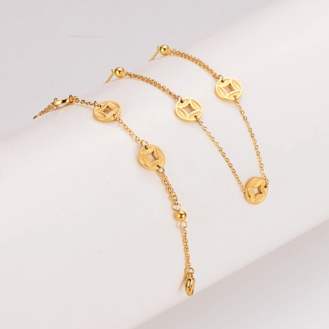 Collier Et Bracelet En Acier Inoxydable 304 Plaqué Or 18K Pour Femme Style Chinois Pièce De Monnaie Design Creux Perles