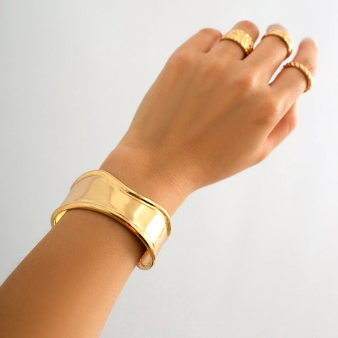 Bracciale Rigido Largo Metallo Lucido Geometrico Irregolare Ondulato Da Donna Stile Hip Hop Punk Minimalista