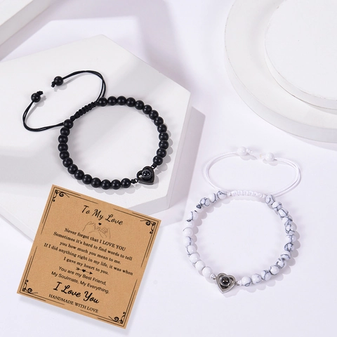 Natural Stone Beaded Couple Bracelets With Heart Alloy Projection Charm Multiple Languages I Love You Romantic Gift