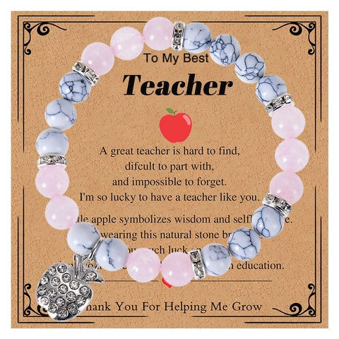 Natural Stone Beaded Bracelet With Alloy Rhinestone Apple Pendant Teacher Appreciation Jewelry Gift
