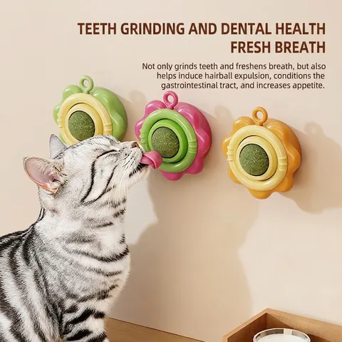 Rotatable Catnip Ball Cat Toy Wall-Mounted Edible Natural Catnip Flower Shaped Self-Adhesive Dental Cleaning Toy For Cats