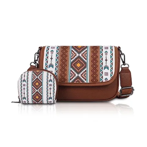 Bolso Bandolera Étnico Bohemio Y Mini Monedero Cuero PU Lona Estampado Geométrico Bolso De Hombro Para Mujer