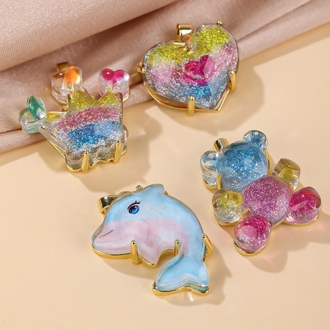 Dijes De Animales De Dibujos Animados Con Resina Brillante Y Chapado En Oro 18K Para Hacer Joyas DIY Collares Correas De Teléfono