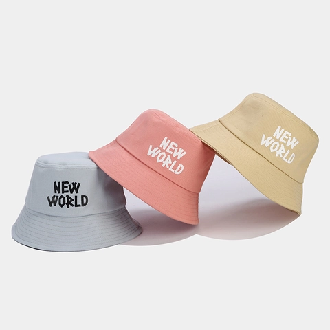 Baumwolle Canvas Fischerhut Mit New World Buchstaben Aufdruck Faltbar Sonnenschutz Outdoor Casual Streetwear