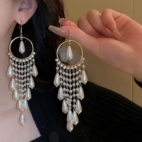 Orecchini Lunghi A Nappa Con Künstliche Perle Di Imitazione Zircone Base In Rame E Perno In Argento Gioielli Vintage Eleganti Da Donna
