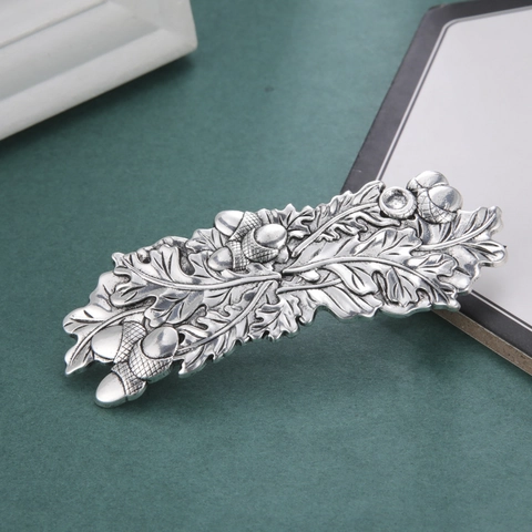 Fermaglio per Capelli a Molla in Lega Vintage con Foglia di Quercia e Ghianda per Donna Design Botanico Retrò Metallico a Rilievo