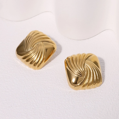 Edelstahl Quadratische Ohrstecker Spiralrippenstruktur Geometrisch 18K Vergoldet Minimalistischer Retro Stil Für Frauen