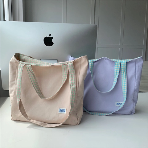 Damen Wendbare Canvas Tragetasche Karo Muster Große Kapazität Schultertasche Baumwolle Patchwork Ästhetisch Lässig Schule