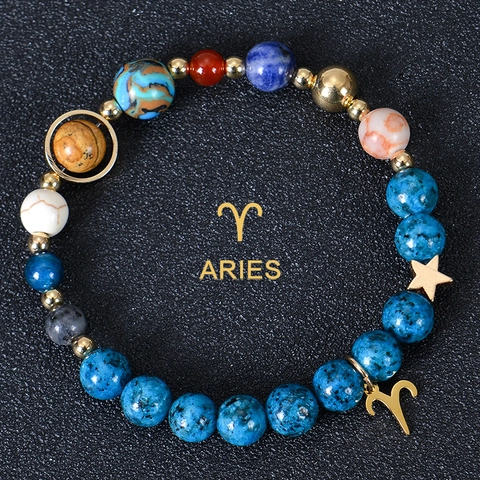 Zodiac Sign Beaded Bracelet Natural Stone Galaxy Solar System Planet Star Charm Alloy Spacers Celestial Jewelry Unisex