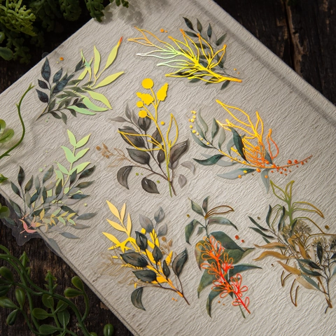Vintage Planten PET Stickers Goudstempelen Bloemen Bladeren Decoratieve Scrapbooking Journaling DIY Materiaal Esthetisch Decor