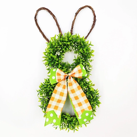 Easter Bunny Wreath Artificial Greenery Door Hanging Decoration With Twig Ears And Plaid Bow Spring Party Home Decor