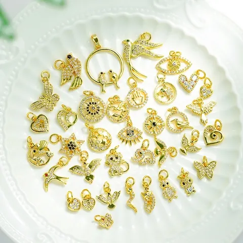 Zircon Charms Pendants 18K Gold Plated Copper DIY Animal Bird Butterfly Heart Evil Eye For Necklace Making