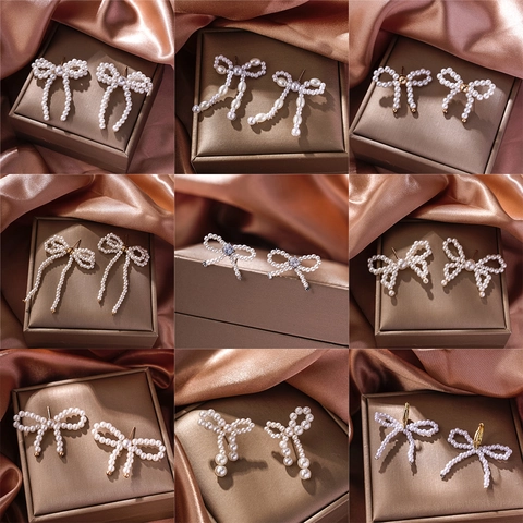 Pendientes De Botón Con Lazo Y Perlas Artificiales Poste De Acero Flecos Franceses Joyería Elegante Para Mujer