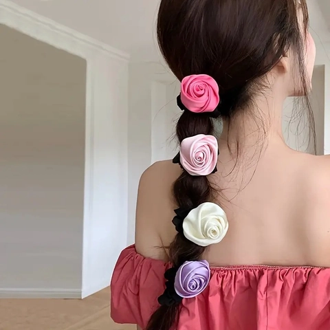 Large Rose Flower Scrunchies Satin Fabric Hair Ties French Elegant Romantic Ponytail Holder For Women Girls