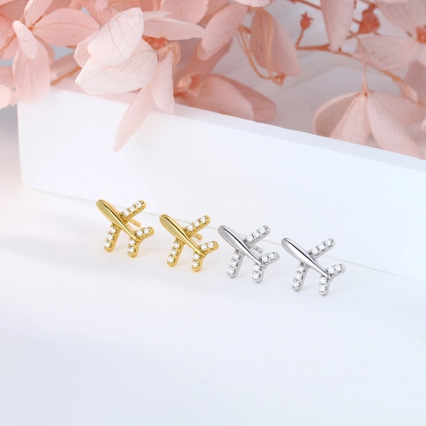 Airplane Stud Earrings With 925 Sterling Silver Earring Post Micro Pave Cubic Zirconia Dainty Travel Jewelry Women