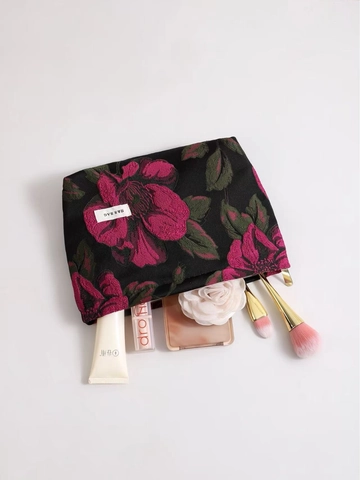Jacquard Blumen Kosmetiktasche Vintage Tragbare Reise Kulturbeutel Reißverschluss Make Up Organizer Damen Retro