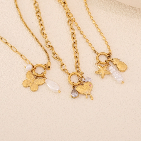 Collana Con Pendente Farfalla Cuore Stella Marina Acciaio Inossidabile Placcato Oro Perla Artificial Imitazione Moda Donna