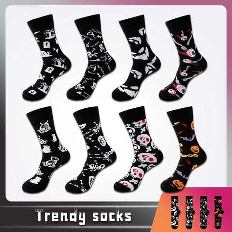 Halloween Crew Socks Polyester Cotton Funny Pumpkin Skull Ghost Eyeball Pattern Novelty Spooky Mid Calf For Unisex