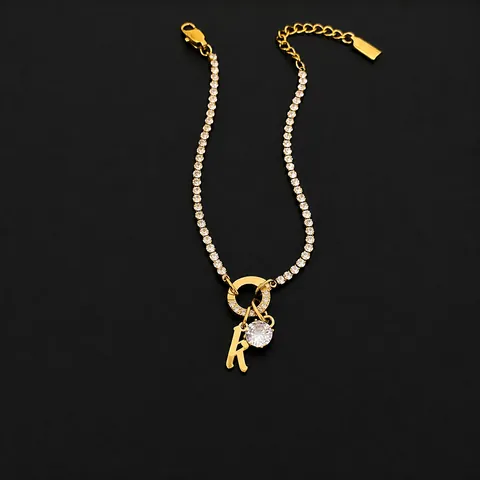 Stainless Steel Letter Pendant Bracelet American Style Tennis Chain With Round Rhinestone Gothic Alphabet Charm Jewelry For Women