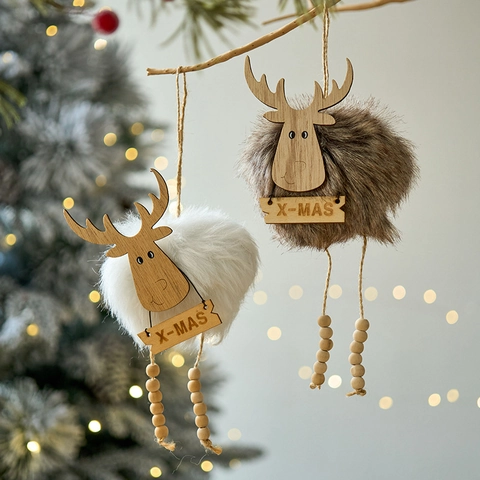 Weihnachts Rentier Elch Hängeornament Holz Kunstpelz Plüsch Pompon Baumschmuck Heim Feiertag Party Nordischer Stil