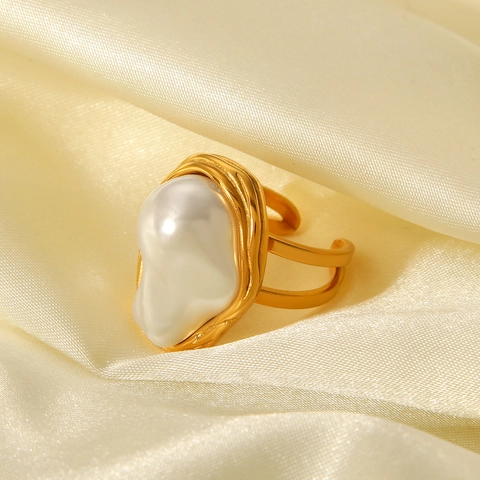 Anello Con Perla Artificial Barocca In Acciaio Inossidabile Placcato Oro Regolabile Stile Francese Vintage Gioielli Per Donna