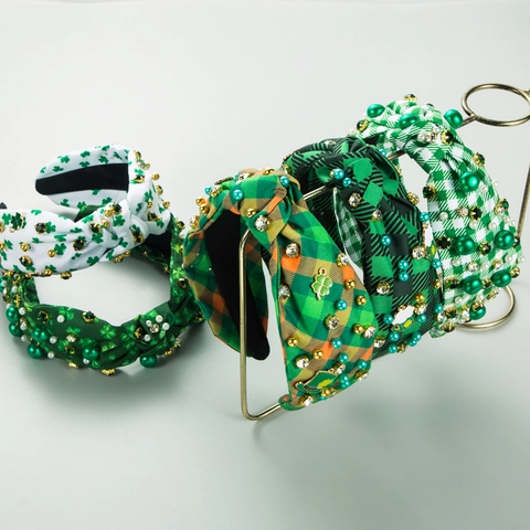 Cerchietto con Nodo Giorno di San Patrizio Donna Tessuto a Quadri Verde Quadrifoglio Strass Perle Artificiali Accessorio