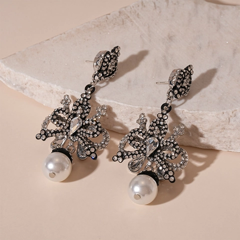 Orecchini A Pendente Con Fiocco Con Strass E Perla Artificial Imitazione Stile Corte Francese Vintage Con Perno In Argento