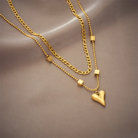 Collar De Capas De Acero Inoxidable Colgante De Corazón Dijes De Cubo Joyería De Moda Para Mujer Color Dorado