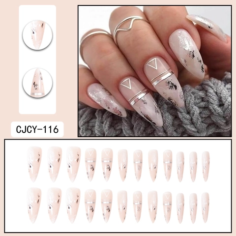 Unghie Finte Press On Nails Long Stiletto Rosa Nude Linee Geometriche Argento Triangolo Design Marmo Lucido