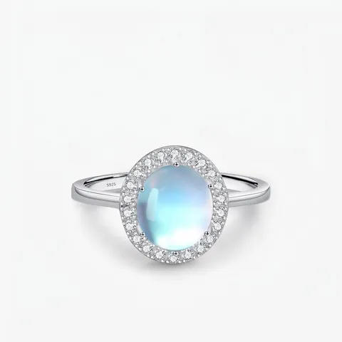 Anillo Pietra Di Luna Argento Sterling 925 Cabochon Ovale Con Halo Di Zircone Gioielli Di Moda Eleganti Per Donne