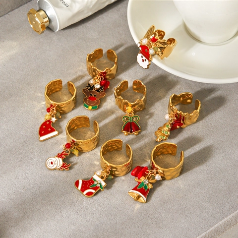 Bagues De Noël En Acier Inoxydable Ajustables Avec Pendentifs Émail Père Noël Élan Cloche Künstliche Perle Strass Bijoux Femmes