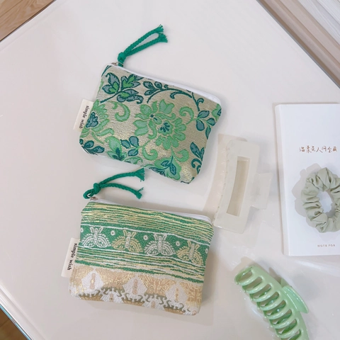 Women Jacquard Fabric Coin Purse Heart Floral Pattern Small Zipper Pouch For Lipstick Card Storage Portable Cute