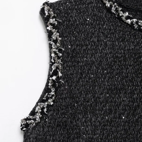 Sleeveless Sequin Tweed Mini Dress Round Neck Elegant Knit Tank Dress For Women Party