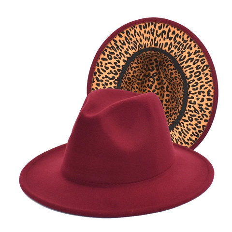 Fedora Hat Wool Felt Wide Flat Brim Leopard Print Lining Contrast Color Jazz Hat For Men Women British Style Vintage