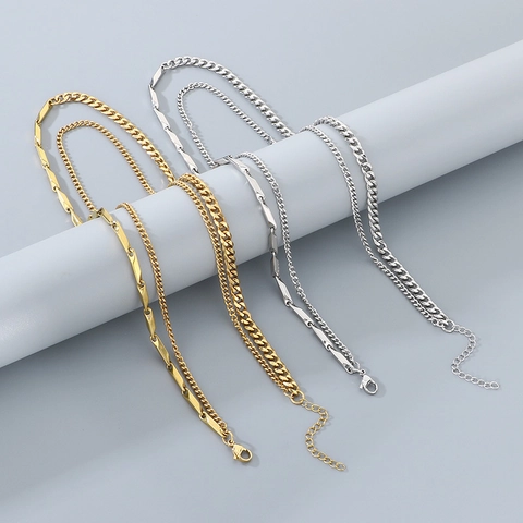 Stainless Steel Double Layered Necklace Cuban Chain And Bar Splicing Punk Hip Hop Personalized Jewelry For Men