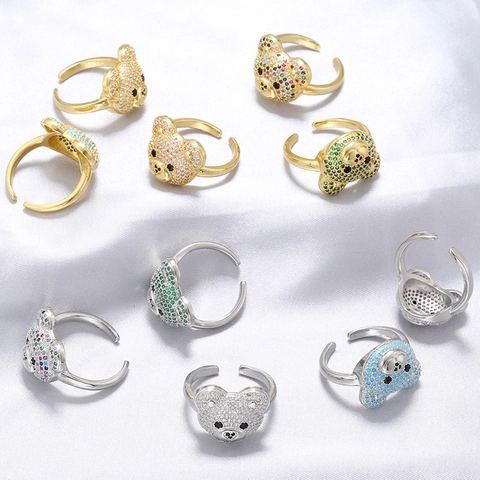 Bär Ring Kupfer Mikro Pave Bunte Zirkonia Vergoldet Verstellbar Öffnung Süß Mode Schmuck Für Frauen