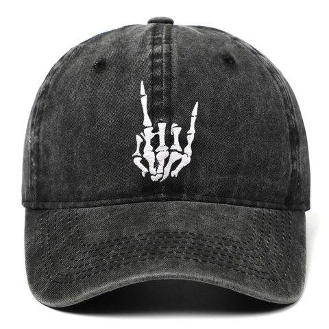 Washed Cotton Baseball Cap With Bone Hand Gesture Embroidery Distressed Adjustable Snapback Hat For Men Women Outdoor Sun Cap