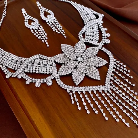 Collar Y Pendientes De Flor Con Flecos De Diamantes De Imitación Cobre Boda Novia Banquete Elegante Mujeres
