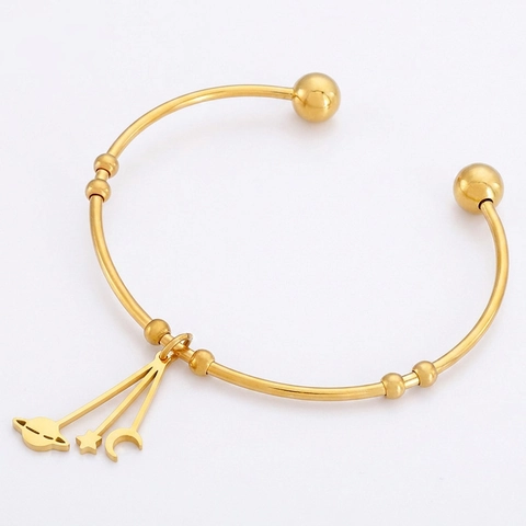 Stainless Steel Open Bangle Bracelet With Moon Star Saturn Charms Polished Celestial Jewelry For Women Girls
