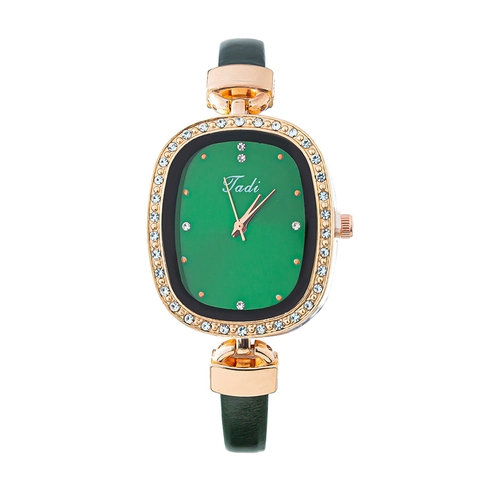 Elegant Women Quartz Watch Oval Alloy Case Rhinestone Bezel PU Leather Strap Fashion Analog Wristwatch For Ladies