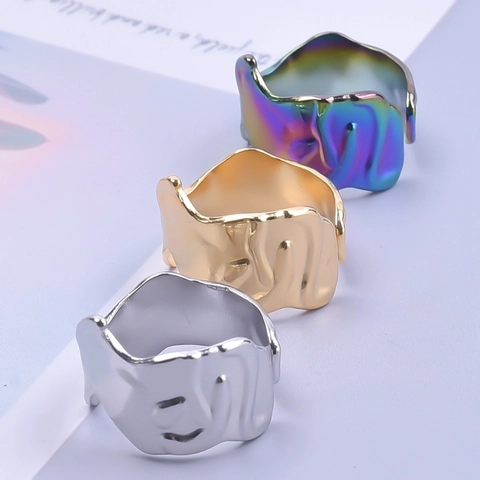 Stainless Steel Adjustable Open Ring Irregular Molten Lava Texture 18K Gold Plated Retro Punk Style Jewelry Unisex
