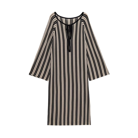 Damen Gestreiftes Strick Midikleid V Ausschnitt Bindegürtel Langarm Elegant Lässig
