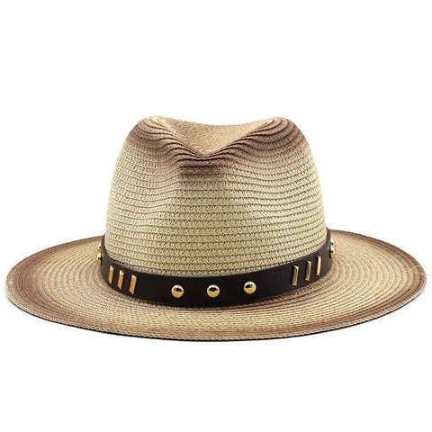 Fedora Straw Hat Gradient Sun Protection Beach Summer Jazz Cap With Leather Band Metal Rivets For Men Women Breathable