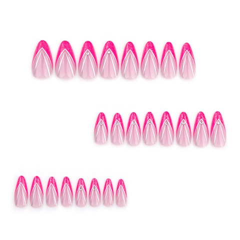 French V-Shape Press On Nails Long Almond Pink Red Gradient Glitter Rhinestone Fake Nails Manicure For Women