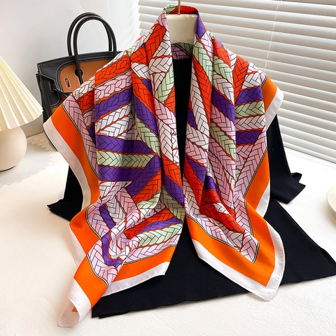 Women Fashion Square Scarf Polyester Twill Satin Like Geometric Braided Rope Print Elegant Color Block Hair Neck Wrap